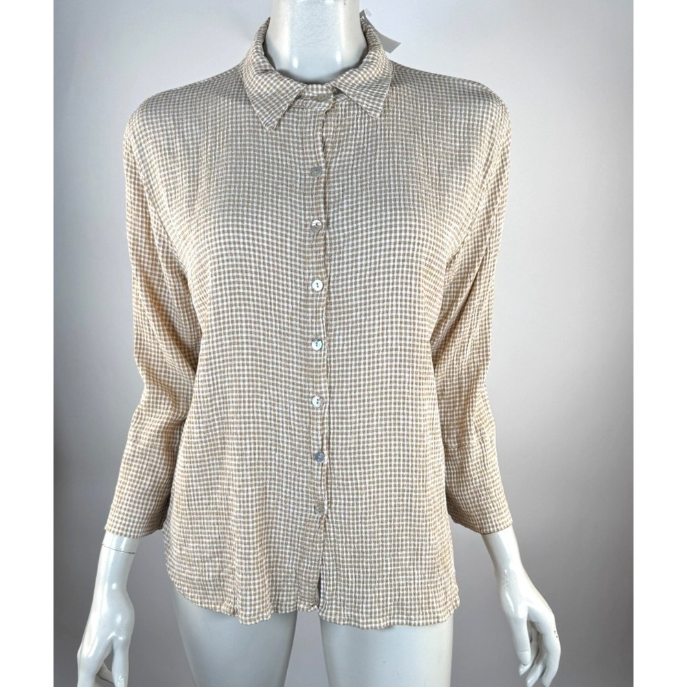 Cut Loose Marigold Crinkle Check Shirt Women S NWT $115 3/4 Sleeve Button-up